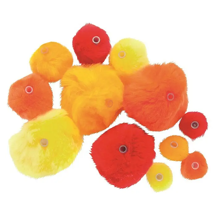 Glorex Hobby Time Pompon-Set Mix - Rot, 45 Stk., Acryl - Farbige Bastel-Pompons in Gelb-, Orange- und Rottönen mit kleinen Öffnungen für kreative Projekte und Dekorationen.