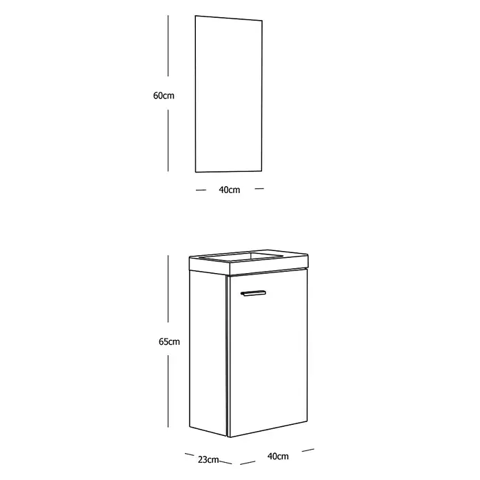 Artysan Conjunto de mueble de baño Micra - Nature, Mate, 3 pzs. - Ilustración de un moderno mueble de baño con lavabo y espejo, incluyendo dimensiones para instalación y planificación.