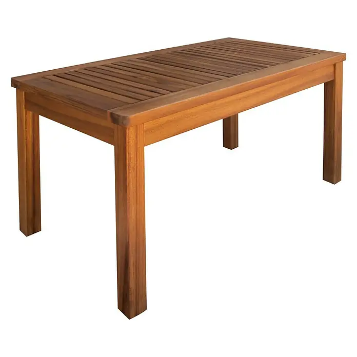 Sunfun Loungemöbel-Set Diana - 4 -tlg., Akazie, Naturbraun/Grau - Ein rechteckiger Teakholztisch mit Lattenrostplatte und geraden Beinen, ideal für den Außenbereich. Die natürliche Holzmaserung ist sichtbar.