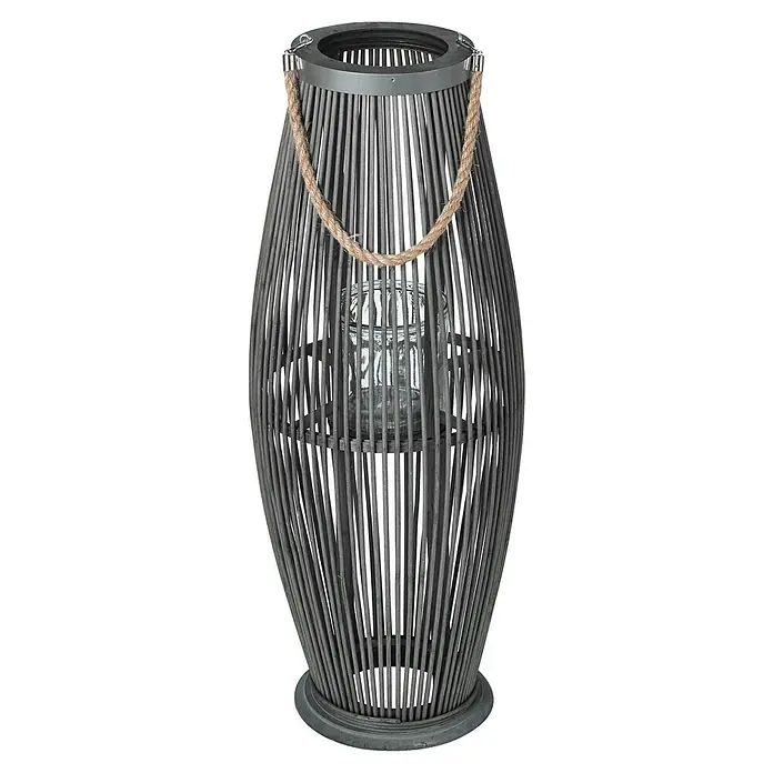 Farolillo alto Tarik - L x An x Al: 28 x 28 x 72 cm, Antracita - Elegante farol gris con listones de madera y asa de cuerda. Ideal para crear un ambiente acogedor tanto en interiores como exteriores.