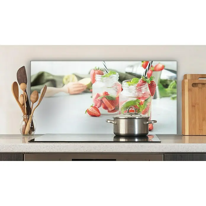 CUCINE Küchenrückwand - Strawberry Lemonade, 80 x 40 cm, Stärke: 6 mm, Einscheibensicherheitsglas (ESG) - Küchenrückwand mit Erdbeer-Limonaden-Motiv, die eine stilvolle und erfrischende Atmosphäre in die Küche bringt. Perfekt als Spritzschutz.