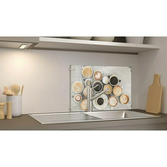 CUCINE Küchenrückwand - Coffee Love, 60 x 40 cm, Stärke: 6 mm, Einscheibensicherheitsglas (ESG) - Küchenrückwand mit Kaffeetassen-Motiv über einer Spüle, die das Küchendekor aufwertet und gleichzeitig die Wand vor Spritzern schützt.