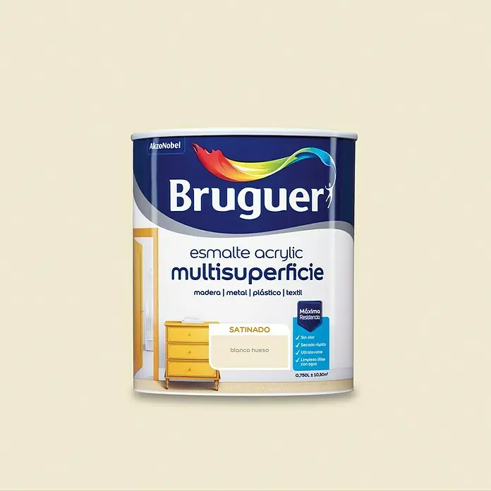 Bruguer Esmalte de color Acrylic Multisuperficie - Blanco Hueso, Satinado, 750 ml, Base de agua - Bote de pintura acrílica multisuperficie Bruguer, acabado satinado, color blanco hueso. Ideal para madera, metal, plástico y textiles, máxima resistencia.