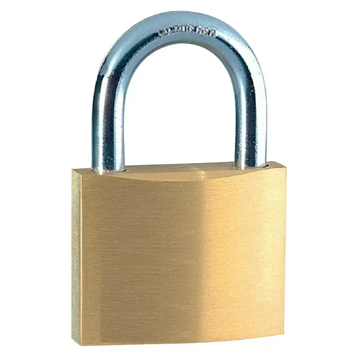 Stabilit Candado - Ancho: 21 mm, Material estribo: Acero - Primer plano de un candado con un grillete plateado y un cuerpo dorado sobre un fondo blanco.
