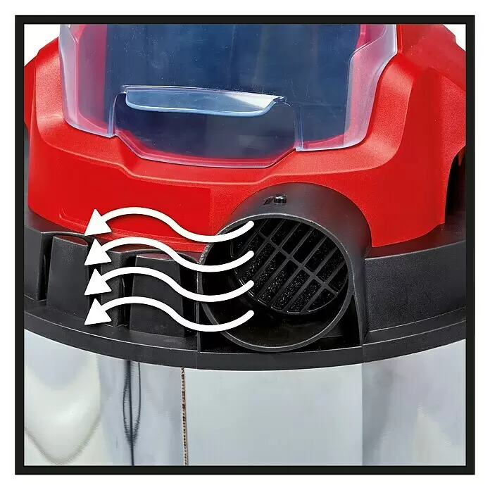 Einhell PXC 18V Akku-Nass-Trockensauger TC-VC 18/20 Li S-Solo - 18 V, Ohne Akku, Behältervolumen: 20 l - Roter Staubsaugerkopf mit schwarzem Gebläseauslass, der Luftausstoß mit weißen Pfeilen zeigt.