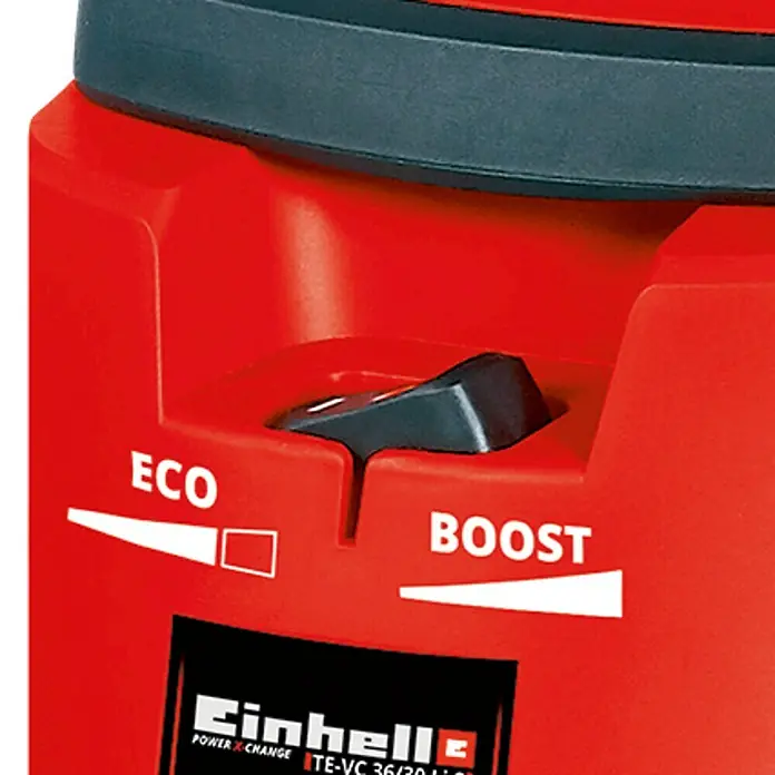 Einhell PXC 18V Aspirador en seco y húmedo de batería TE-VC 36/30 Li S-Solo - 18 V, Sin batería, Volumen de recipiente: 30 l - Primer plano de un dispositivo Einhell con un interruptor para los modos Eco y Boost, resaltado por letras blancas sobre una carcasa roja.