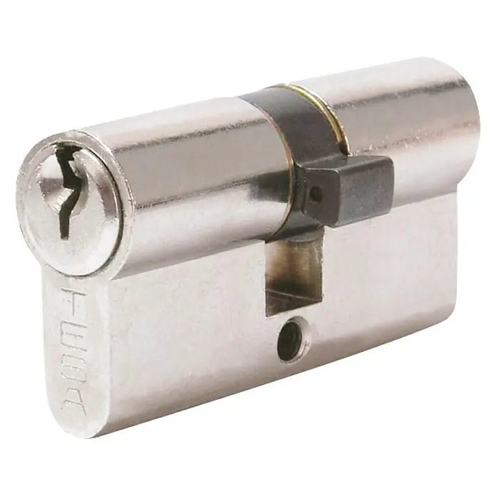 Tesa Assa Abloy Cilindro de perfil T5 Leva corta - Longitud total interior: 30 mm, Longitud total exterior: 40 mm, Número de llaves: 3 ud. - Un cilindro de perfil plateado con ojo de cerradura y leva negra, diseñado para cerraduras de puertas.