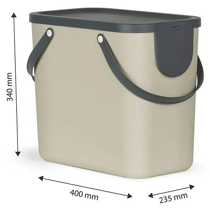 Rotho Albula Mülltrennsystem - 25 l, Kunststoff, Cappuccino - Ein beiger Abfallbehälter mit grauem Deckel und Griffen. Die Maße sind 400 mm x 235 mm x 340 mm.
