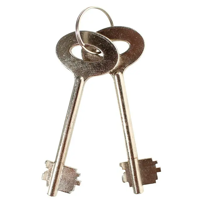Rottner Einwurftresor Cashmatic - 11,5 x 25 x 38 cm, Doppelbartschloss - Zwei silberne Schlüssel mit rundem Griff und gezacktem Bart hängen an einem Schlüsselring vor einem weißen Hintergrund.