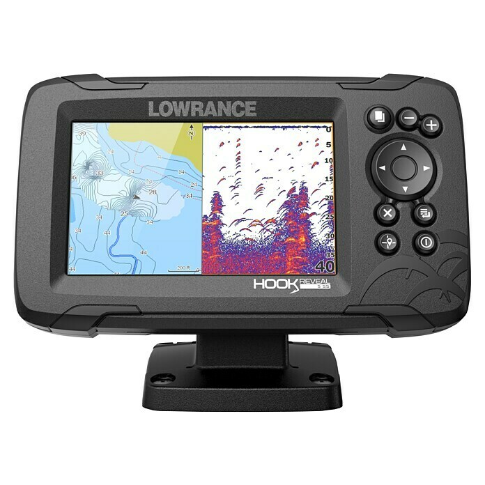 Lowrance Fishfinder Hook Reveal 5 SplitshotGeber: Reveal 83/200 HDI-Geber, Bildschirmtyp: 5″/127 mm Solar Max Display Front View