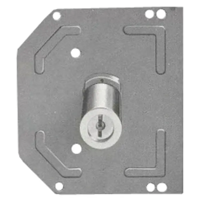 Tover Cilindro de recambio T1 - L x An x Al: 50 x 126 x 124 mm, DIN-derecha, Cromado - En la imagen se muestra una cerradura de metal con una placa de montaje cuadrada, ideal para aplicaciones industriales y sistemas de seguridad.