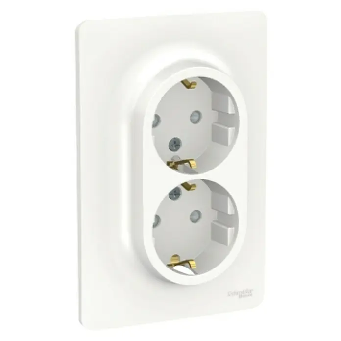 Schneider Electric New Unica Enchufe doble - Blanco polar, Plástico, Montaje en la pared, Colocar - Primer plano de una doble toma Schuko blanca, perfecta para uso interior y que garantiza un suministro de energía seguro.