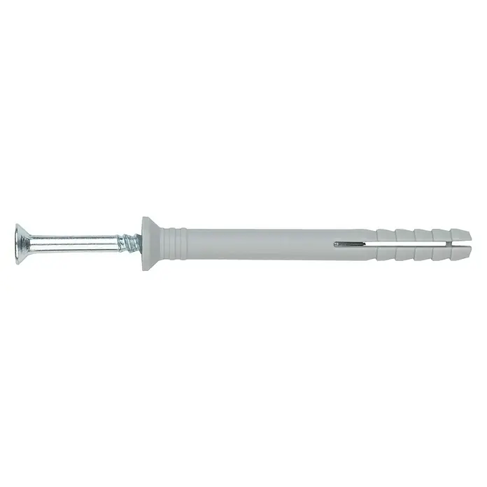 Index Set de tacos con tornillo - Ø x L: 5 x 30 mm, 30 ud. - Primer plano de un taco universal gris con tornillo, ideal para fijaciones seguras en diversos materiales.