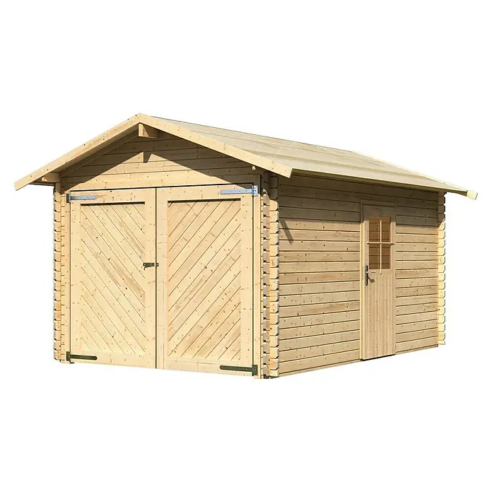 Karibu Garage - Holz, 12 m², Wandstärke: 28 mm - Holzgarage mit Doppeltür und Seitentür. Perfekt für die sichere Aufbewahrung von Fahrzeugen und Werkzeugen.