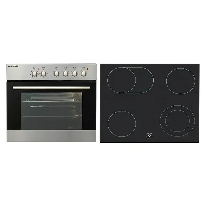 Respekta Premium Winkelküche RP290EWCBO - B x T: 290 x 200 cm, Weiß, Mit Elektrogeräten - Das Bild zeigt einen Respekta-Herd mit einem Backofen und einem separaten Kochfeld mit vier Kochzonen. Das Kochfeld ist schwarz und der Herd silber.