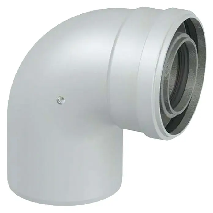 Codo coaxial estanco M/H - Diámetro: 80.110 mm, Ángulo: 90 ° - Primer plano de un accesorio de tubería de codo de 90 grados blanco con detalles circulares en un extremo, utilizado para plomería.