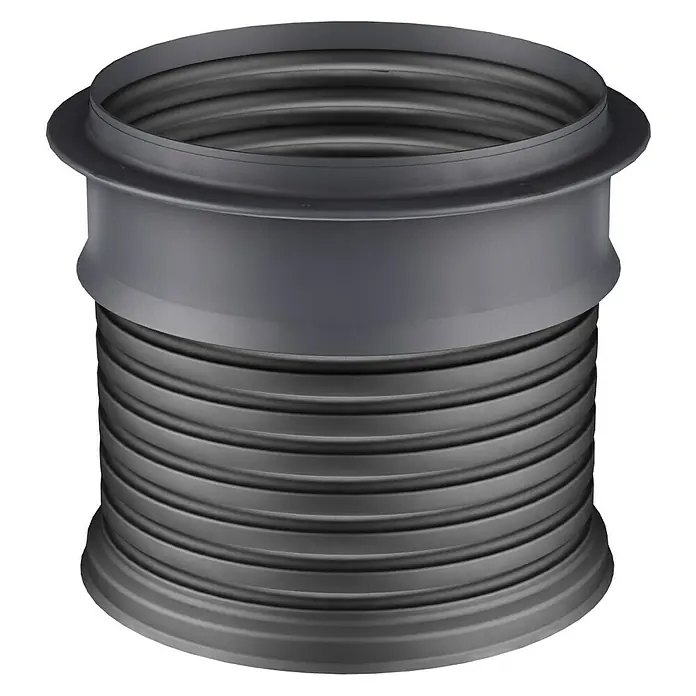 Garantia ProLine Zisterne Komplettpaket Columbus - Gesamt Fassungsvermögen: 6.500 l, Mit Pumpe, Filterfeinheit: 0,35 mm - Eine Nahaufnahme eines flexiblen schwarzen Abwasserrohrverbinders mit geripptem Abschnitt und glatten Enden.