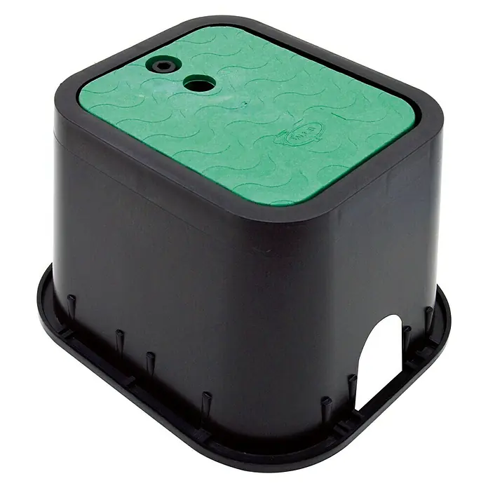 Arqueta Cuadrada - L x An x Al: 27 x 23 x 17 cm, 1 ud. - Caja de válvulas negra con tapa verde. Protege de forma fiable las válvulas y las conexiones en el exterior de la intemperie y los daños.