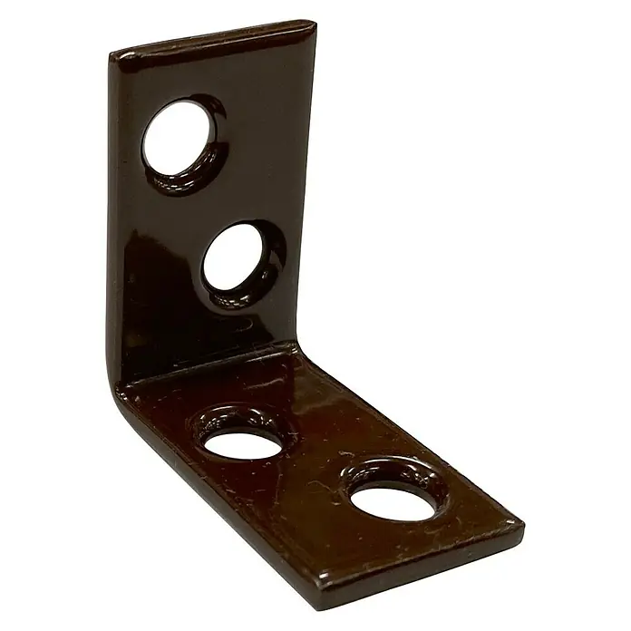 Stabilit Escuadra de silla - L x An x Al: 25 x 25 x 15 mm, Acero - Un soporte angular marrón oscuro con agujeros para tornillos o pernos, utilizado para fijar elementos estructurales.