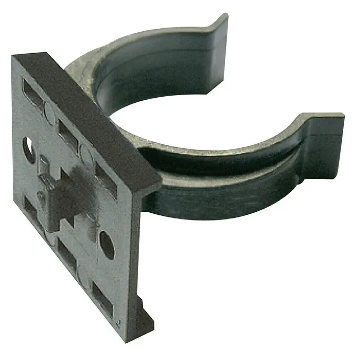 Clip para embellecedor de zócalos corredero - 38 x 30 mm, 4 ud. - La imagen muestra una abrazadera de tubo con una placa de montaje. Está hecha de plástico gris y sirve para fijar tubos.
