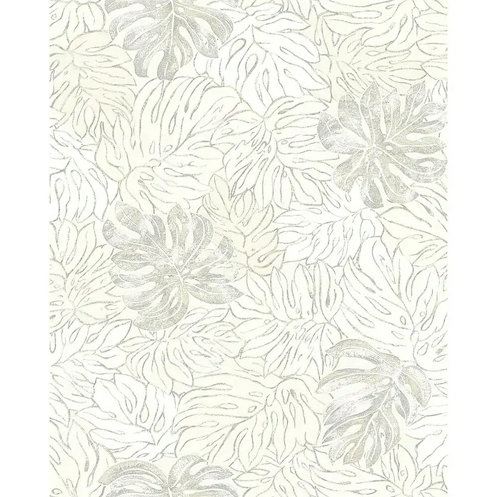 Marburg Casual Vliestapete Philodendron - Beige, Floral, 10,05 x 0,53 m - Ein elegantes Tapetenmuster mit üppigen Monstera-Blättern in sanften Weiß- und Silbertönen, das jedem Raum eine ruhige und stilvolle Note verleiht.