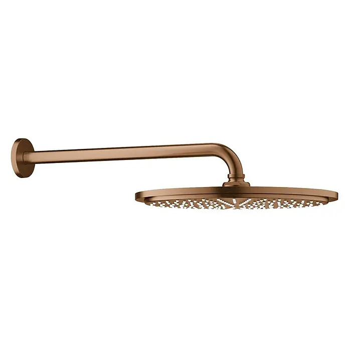 Grohe Rainshower Cosmopolitan 310 Kopfbrausen-Set - Durchmesser: 31 cm, 9,5 l/min, Wandmontage, Warm Sunset gebürstet - Die Abbildung zeigt einen bronzefarbenen Brausekopf mit Wandarm. Dieser Duschkopf sorgt für ein luxuriöses Duscherlebnis und passt perfekt ins moderne Badezimmer.