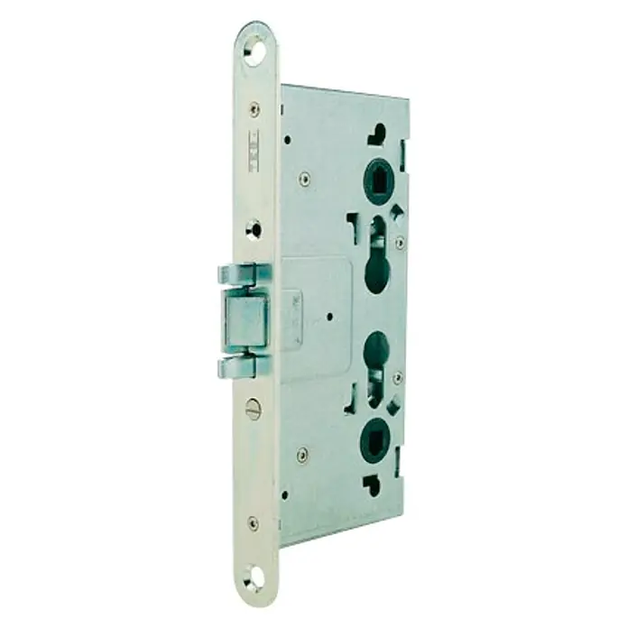Yale Cerradura de embutir de puerta ignífuga AF840HZCE - L x An: 23,5 x 6,5 cm - Primer plano de una cerradura de embutir plateada para puertas de madera, mostrando los componentes mecánicos y la construcción robusta.