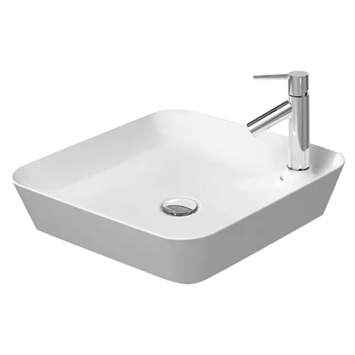 Duravit Cape Cod Aufsatzwaschbecken - 46 x 46 cm, Ohne Spezialglasur, Hahnloch: Rechts, Ohne Überlauf, Weiß, Glänzend - Modernes Aufsatzwaschbecken mit quadratischer Form und Armatur aus Chrom für stilvolle Badezimmerdesigns.