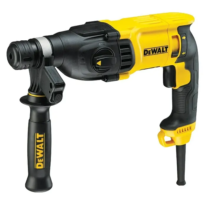 DeWalt Kombihammer D25133K - 800 W, 2,6 J, SDS-Plus-Aufnahme - Abbildung eines gelb-schwarzen DeWalt D25133K SDS-Plus-Bohrhammers mit Zusatzhandgriff und Tiefenanschlag.