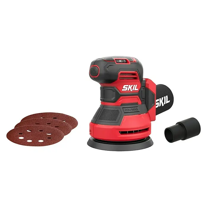 Skil PWRCore 20V Akku-Exzenterschleifer 3745 CA - 20 V, Ohne Akku, Durchmesser Schleifteller: 125 mm - Bild einer SKIL Akku-Exzenterschleifmaschine mit Schleifscheiben und Staubsaugeranschluss.