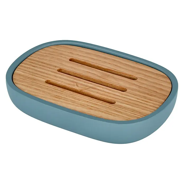 Venus Katta Seifenschale - Blau, Polyresin - Ein stilvoller Seifenhalter aus Holz und blauem Kunststoff, perfekt für jedes Badezimmer. Praktisch und dekorativ.