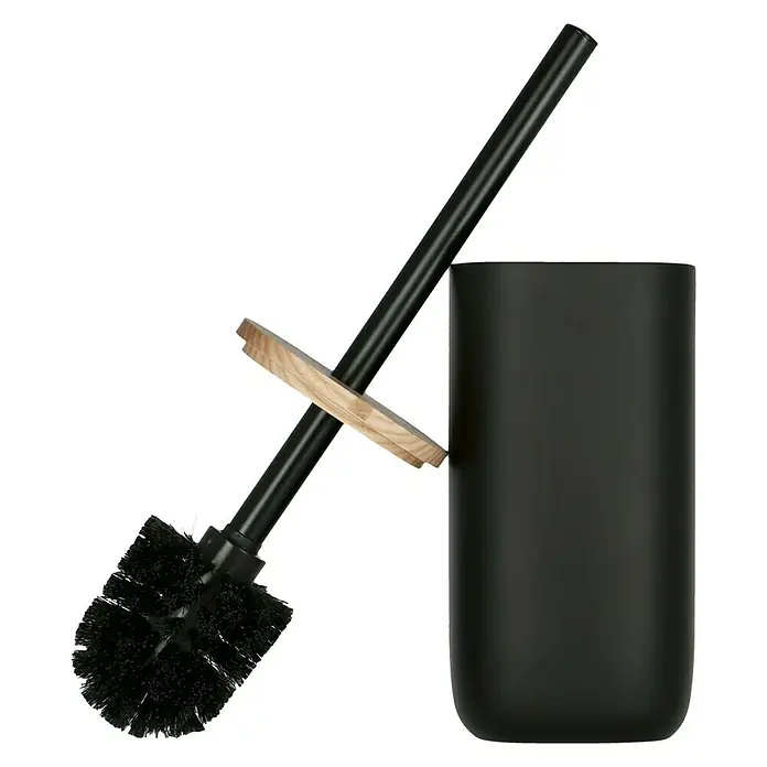 Venus Katta WC-Bürstengarnitur - Schwarz, Polyresin - Schwarze WC-Bürste mit Holzgriff und schwarzem Behälter, modernes Design für Badezimmerhygiene und stilvolle Badaccessoires.
