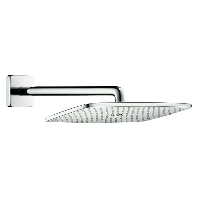Hansgrohe Kopfbrausen-Set Raindance E 360 - 19 x 36 cm, 17 l/min, Wandmontage, Chrom - Quadratischer Duschkopf aus Chrom mit Wandarm. Das moderne Design sorgt für ein luxuriöses Duscherlebnis.