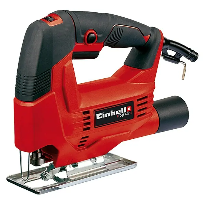 Einhell Elektro-Stichsäge TC-JS 60/1 - 1.000 /min - 3.000 /min, 60 mm - Abbildung einer roten und schwarzen Einhell TC-JS 60/1 Jigsaw, die zum Schneiden von Holz, Metall und Kunststoff verwendet wird.