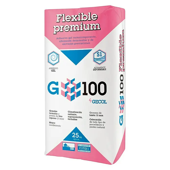 Gecol Cemento cola Gel Flexible Premium - 25 kg - Un paquete de adhesivo para baldosas Flex Premium G100, ideal para uniones flexibles y de alta tensión en interiores y exteriores.