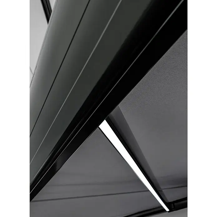 Sunfun LED-Vollkassettenmarkise - Hellgrau, Breite: 4 m, Ausfall: 3 m - Detailaufnahme einer modernen, grauen Terrassenüberdachung mit integrierter Beleuchtung.