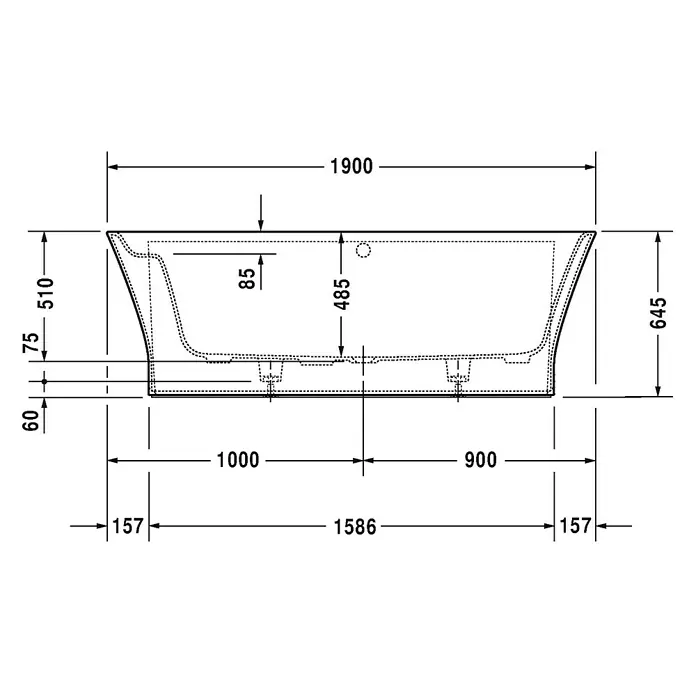 Duravit Cape Cod Badewanne - 190 x 90 cm, Mineralguss, Weiß - Detaillierte technische Zeichnung einer rechteckigen Badewanne mit allen Abmessungen für Installationszwecke.