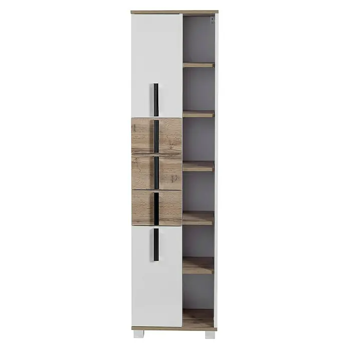 Schildmeyer Luca Hochschrank - 42 x 32 x 164 cm, Weiß/Wotaneiche - Ein hoher, schmaler Kleiderschrank in Weiß und Holzoptik mit Schubladen und offenen Regalen, ideal für die Aufbewahrung.