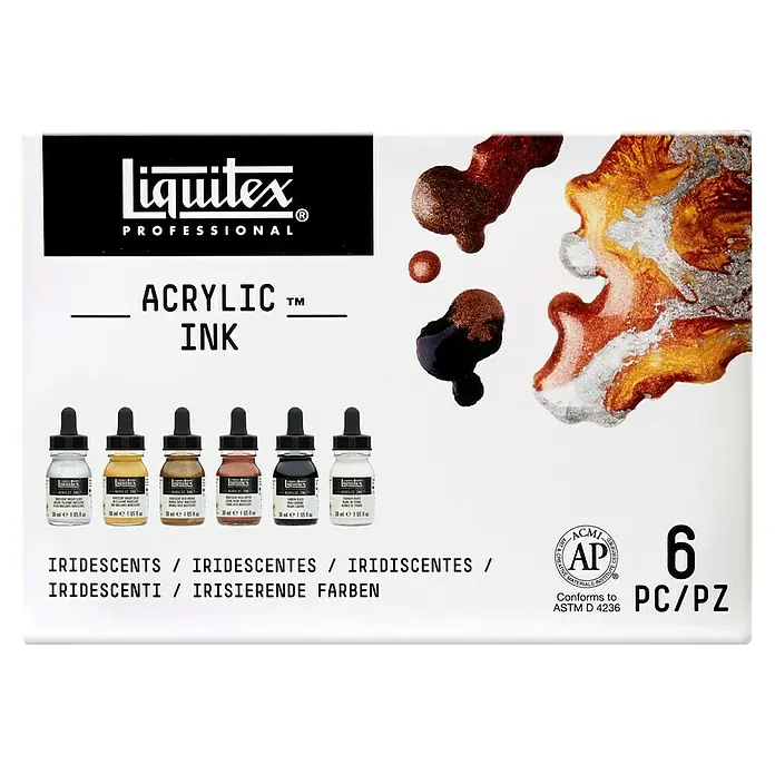 Liquitex Professional Zeichentinten-Set Irisierend - Farbig sortiert, 6 Stk. x 30 ml, Flasche - Liquitex Professional Acrylfarben-Set mit sechs irisierenden Farben für Künstler und Bastler.