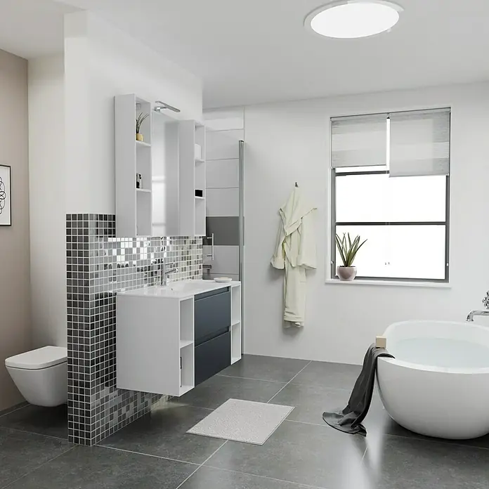 Camargue Espacio Badmöbel-Set i74 - 100 cm, Gama anthrazit matt - Modernes Badezimmer mit weißem Waschtisch und passendem Spiegelschrank. Das graue Fliesenmosaik verleiht dem Raum eine edle Note.