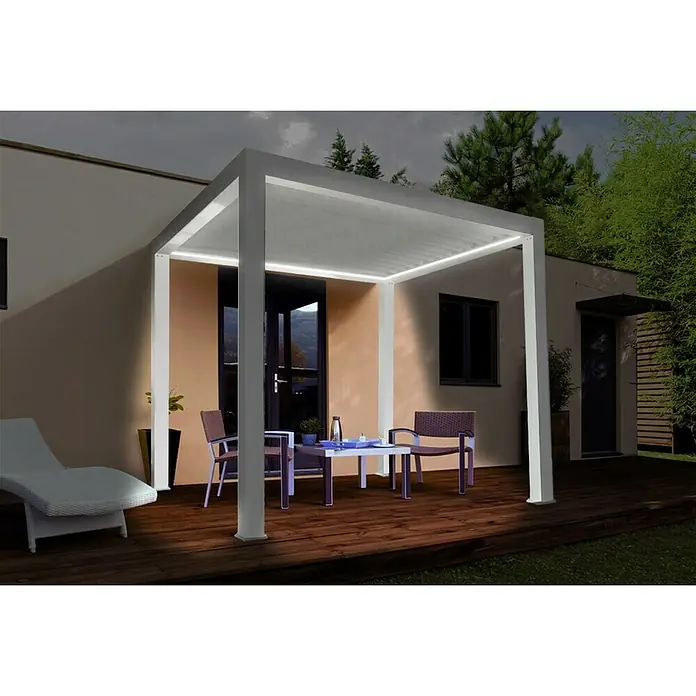 Wismar-NFI Pergola BioB x T: 398,7 x 400 cm, Weiß/Weiß, Aluminium - Die stilvolle Pergola mit Beleuchtung schafft eine angenehme Atmosphäre für entspannte Stunden im Freien. Perfekt für Garten und Terrasse.