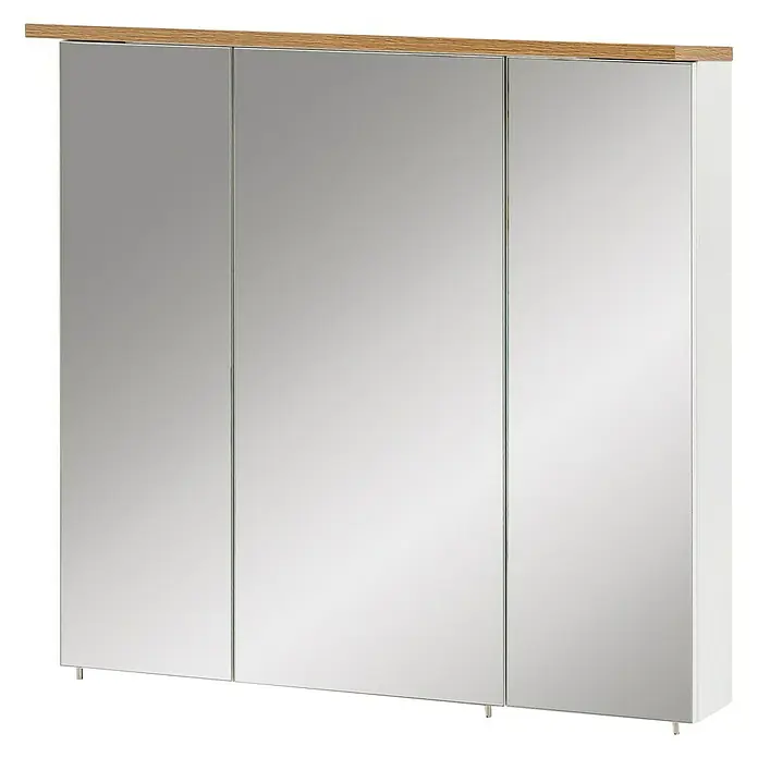 Schildmeyer LED-Spiegelschrank Jelda/Padua - B x H: 70,5 x 72,3 cm, Weiß/Eiche - Ein Badezimmerschrank mit Spiegeltüren und einer Holzplatte oben. Das Möbelstück ist weiß und hat drei Türen.
