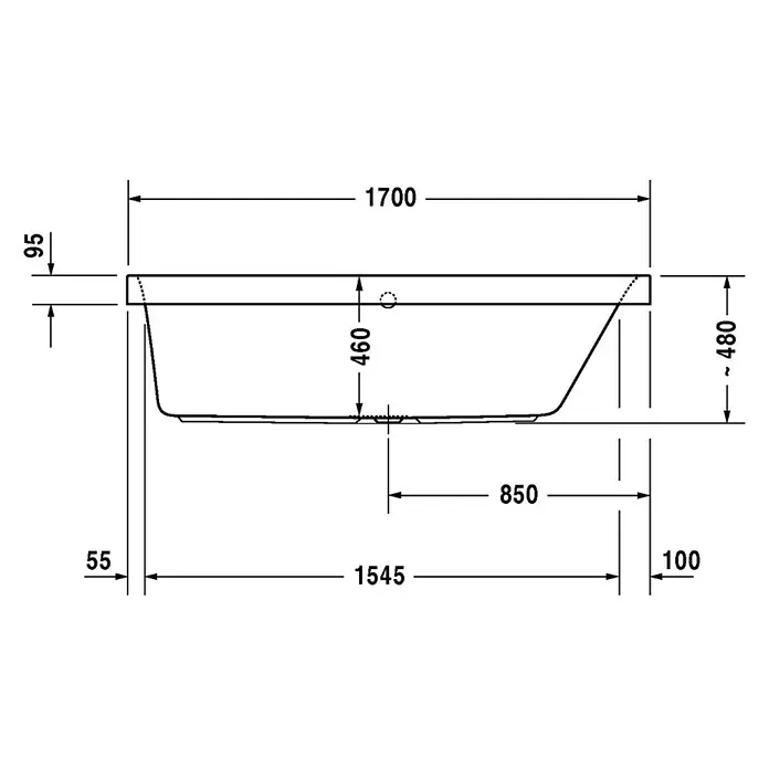 Duravit Happy D.2 Badewanne - 170 x 75 cm, Sanitäracryl, Weiß, Rückenschräge rechts - Technische Zeichnung eines Bads mit Maßangaben für Installateure und Handwerker zur einfachen Montage und Installation des Bads.