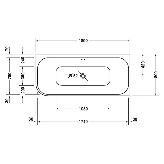 Duravit Happy D.2 Badewanne - 180 x 80 cm, Sanitäracryl, Weiß, Rechts - Draufsicht einer Badewanne mit Maßangaben zur Illustration der Produktabmessungen und Designmerkmale.