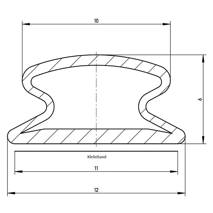 Solid Elements Selbstklebedichtung - Schwarz, 5 m x 12 mm x 6 mm, Geeignet für: Fenster - Querschnittsdarstellung eines Dichtungsstreifens mit Klebeband. Die Maße sind 10x9 mm, mit einem 11mm Klebeband auf einer 12mm Basis.