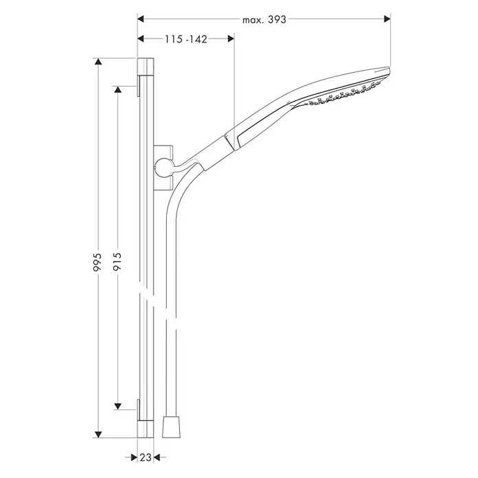 Hansgrohe Raindance Select Brausegarnitur Raindance Select S 150 - Lochabstand: 91,5 cm, Art Strahl: RainAir, CaresseAir, Mix, Chrom - Schematische Darstellung einer Duschsäule mit Maßangaben für Installation und Design.