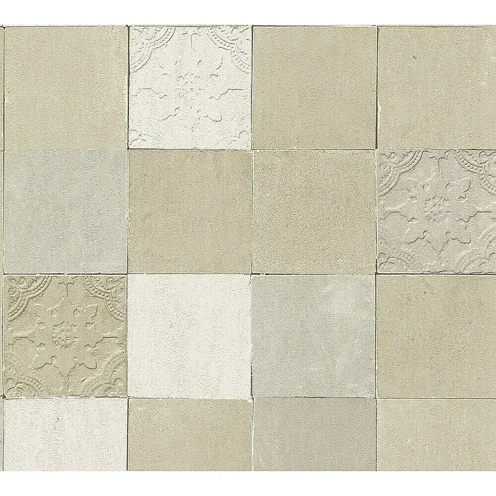 A.S. Création New Walls Vliestapete Fliese - Beige, Fliesenoptik, 10,05 x 0,53 m - Nahaufnahme von keramischen Wandfliesen in neutralen Farben mit dekorativen Mustern für ein stilvolles Interieur.