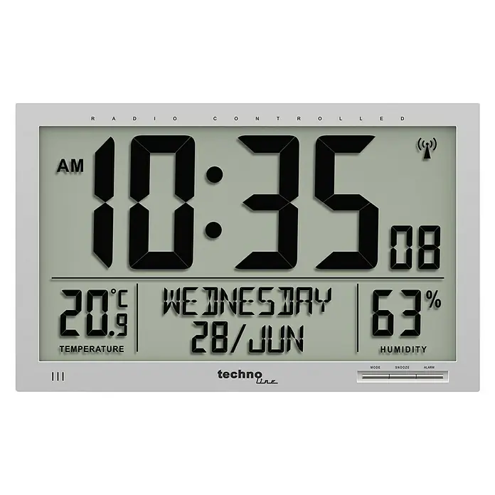 Technoline Digitale Funkwanduhr WS8013 - Batteriebetrieben, Silber, 2,4 x 36,9 x 27 cm - Digitale Funkwetterstation Techno Line mit Anzeige von Uhrzeit, Datum, Temperatur und Luftfeuchtigkeit.