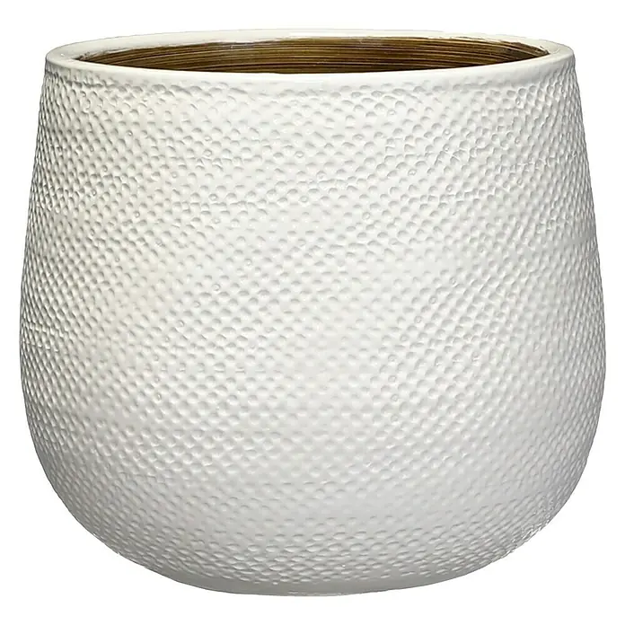 Mica Decorations Cubremaceta redondo Gabriel - Dimensiones externas (Ø x Al): 21 x 19 cm, Blanco, Cerámica - Jardinera blanca con textura martillada y borde marrón. Una elegante maceta para plantas de interior.