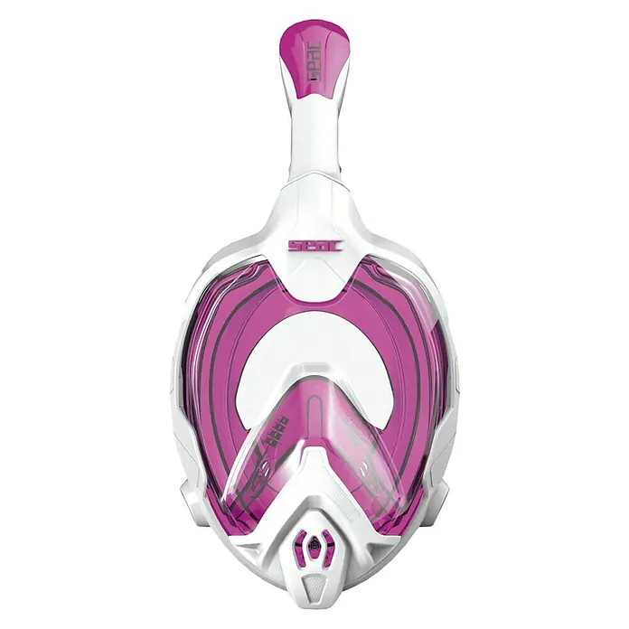 Seac Sub Máscara de Snorkel Fun Junior - XS/S, Plástico, Rosa - Primer plano de una máscara de snorkel SEAC en blanco y rosa, que muestra un diseño elegante y funcional para aventuras submarinas.